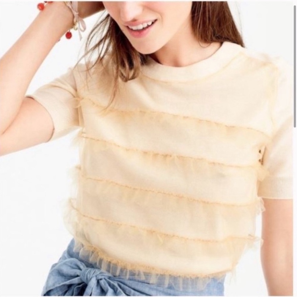 J. Crew Cream Ruffled Crew Neck Tee - Picture 3 of 5
